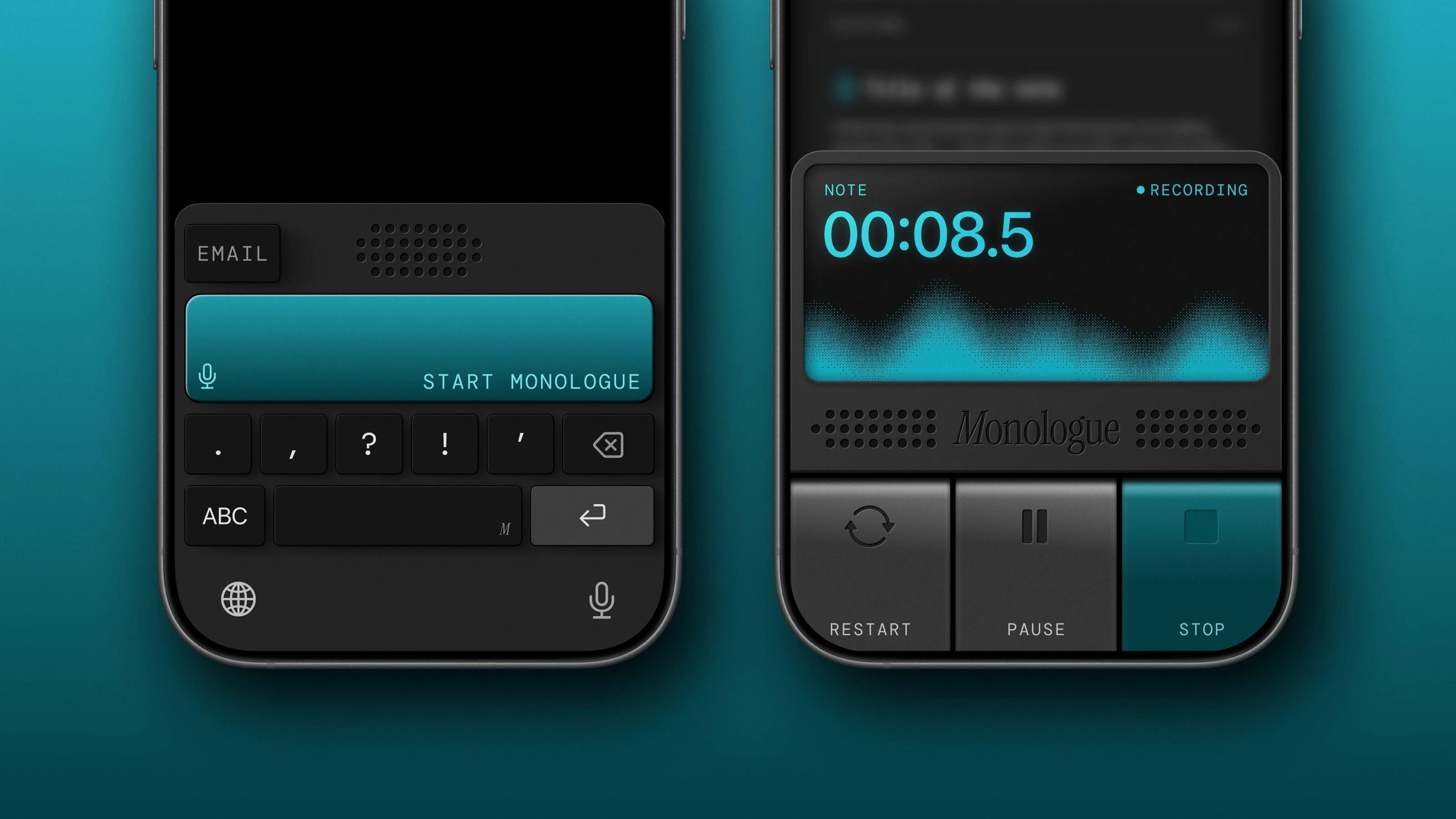 2 screenshots of the Monologue iOS app. On the left side is the Monologue keyboard and on the right side the Monologue audio notes recorder.