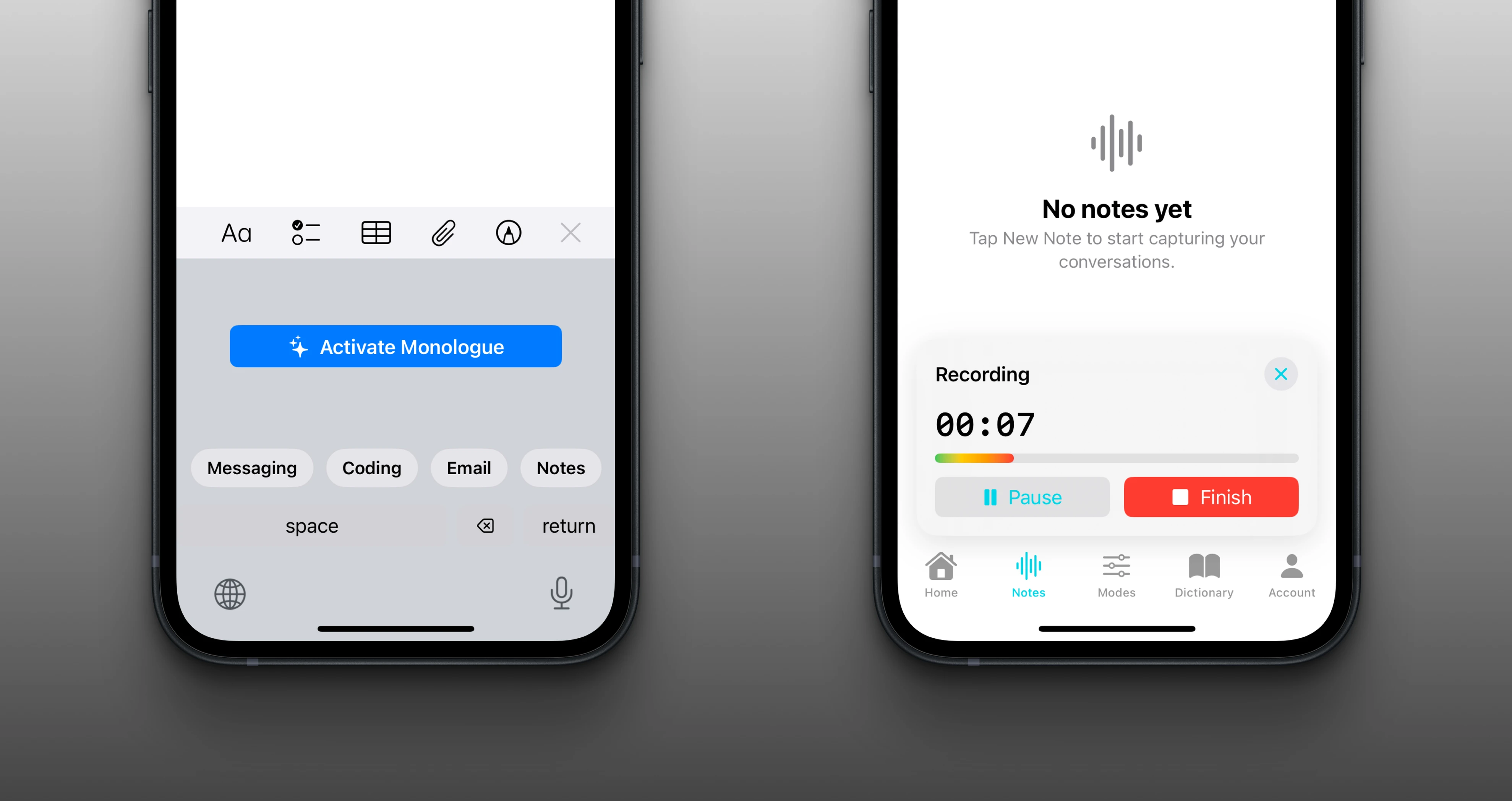 2 screenshots of the Monologue iOS app. On the left side is the Monologue keyboard and on the right side the Monologue audio notes recorder.