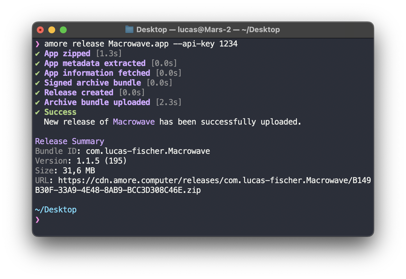 A screenshot of the amore cli