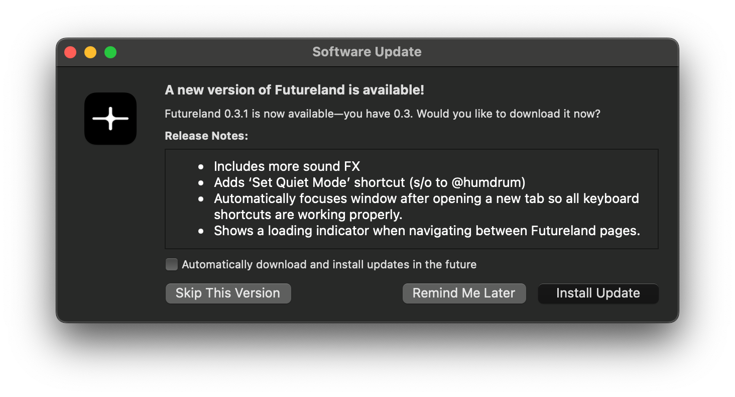 A screenshot of the Sparkle updater from the Futureland macOS app