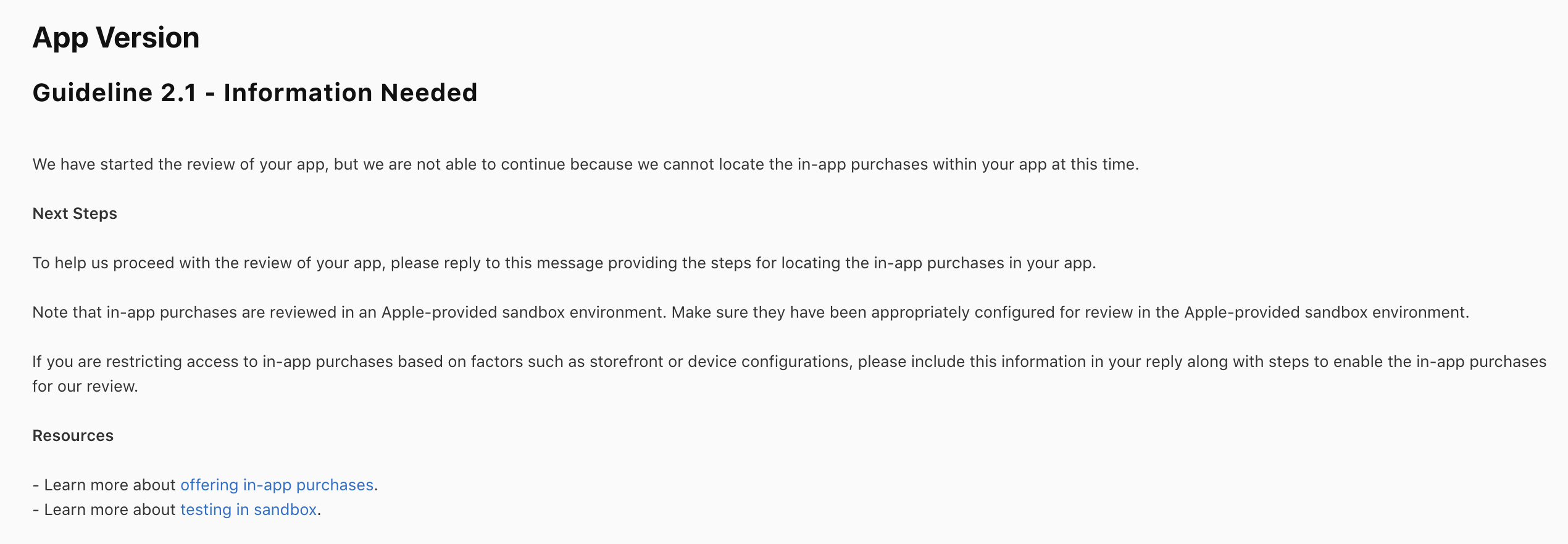 Screenshot of a Apple App Store Review reply for Pagi's rejection